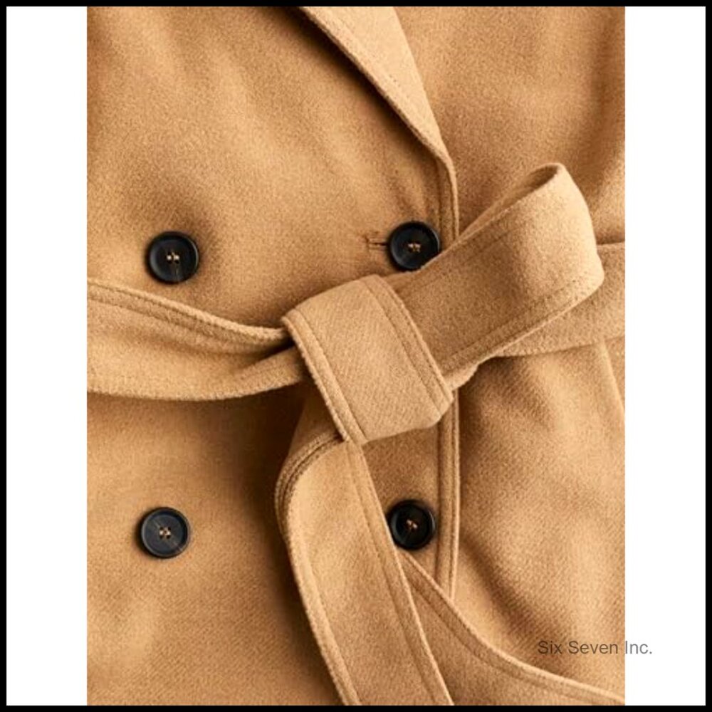 Wool Blend Pea Coat Double Breasted Notch Lapel Belted Winter Jacket - Picture 6 of 7